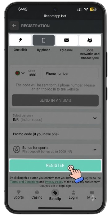 Linebet mobile registration form
